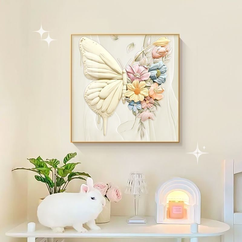 奶油风客厅装饰画蝴蝶花卉抽象高级感挂画餐厅墙面正方形壁画平面图片