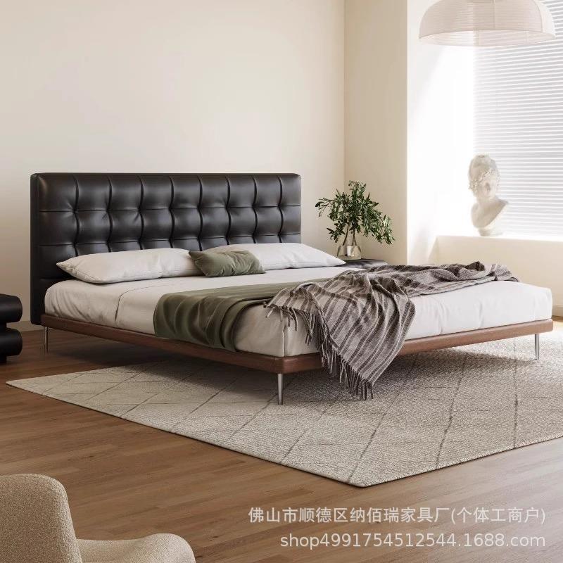 真皮床复古华夫格床极简中古风主卧实木软包床现代简约轻奢床新款