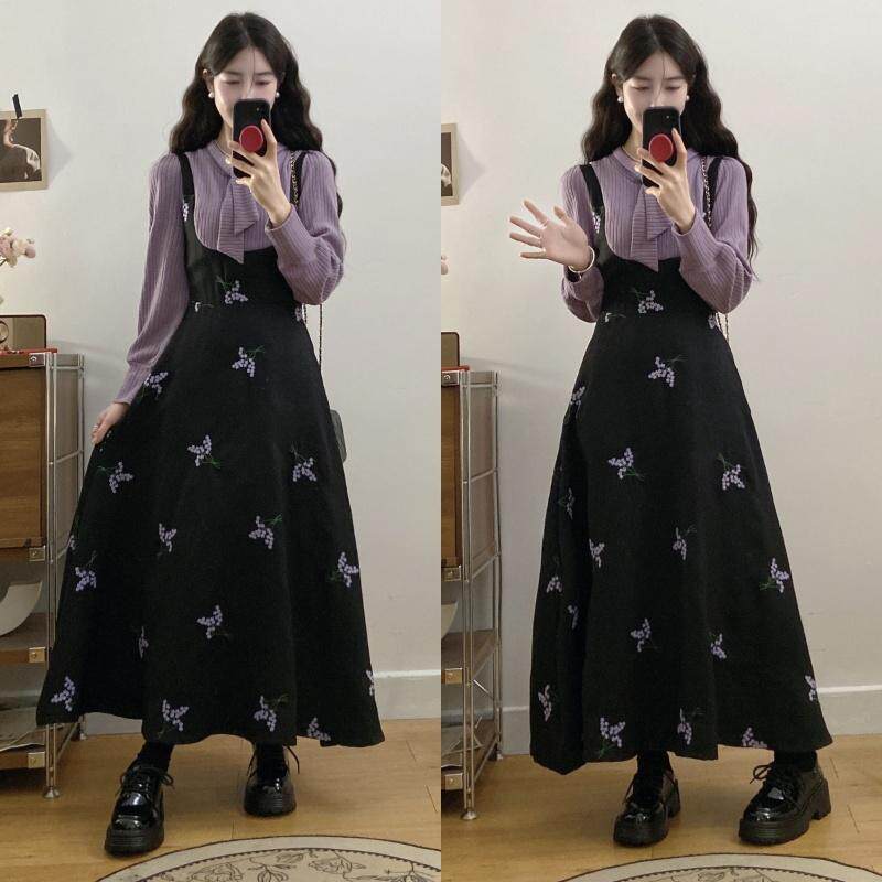 大码秋冬季法式紫色拼接假两件连衣裙女胖mm收腰气质女神范长裙子