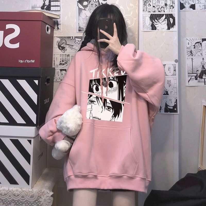 动漫粉色连帽卫衣女秋冬加绒学生百搭宽松大码显瘦情侣外套潮ins
