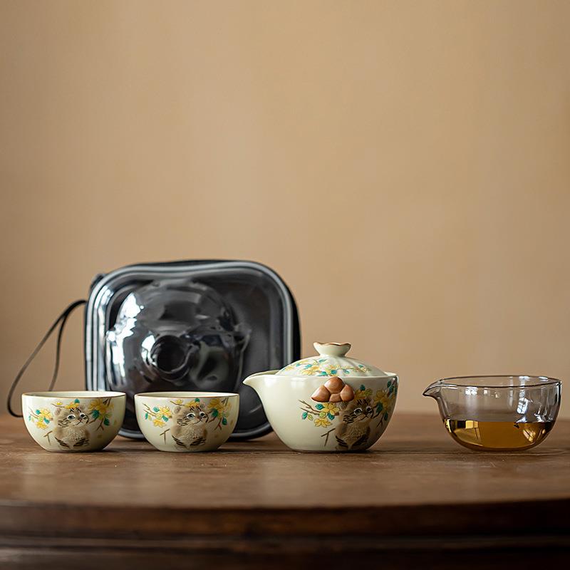 米黄汝窑陶瓷快客杯一壶二杯开片可养户外旅行茶具便携泡茶套装