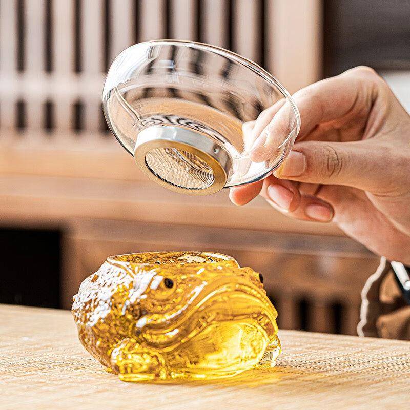 功夫茶具茶道用品玻璃发金蟾茶过滤茶壶盖托盖置茶宠摆件茶道配件