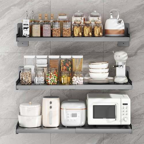厨房壁挂式伸缩微波炉置物架免打孔调味用品小家电收纳架挂架