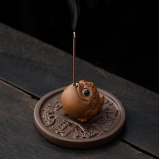 紫砂招财金蟾线香炉底座家用室内香插香座禅意茶台沉香香薰炉摆件