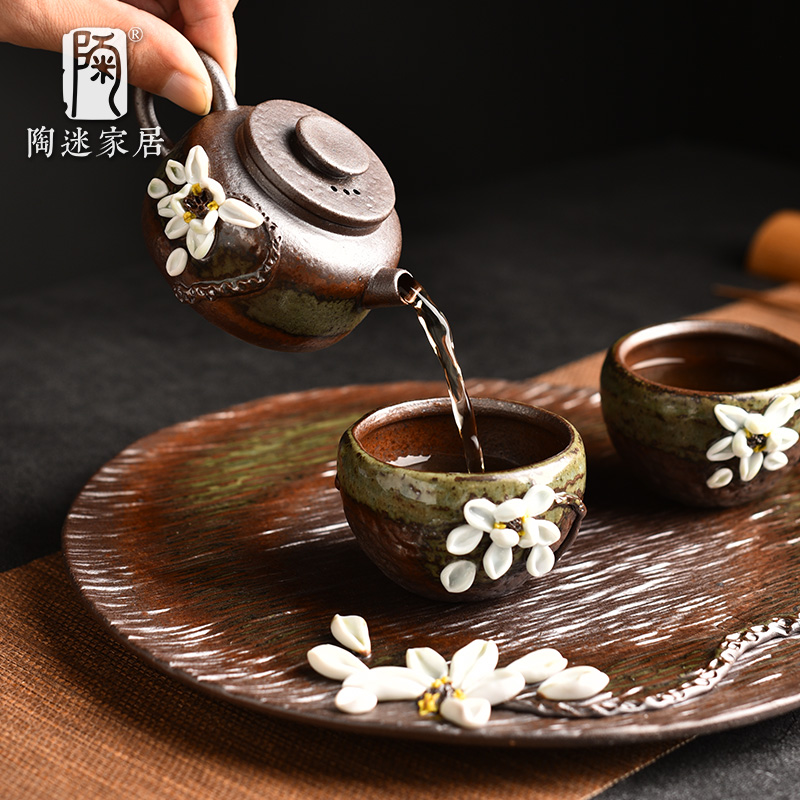 陶迷清水柴烧茶壶手捏莲花小壶100ml迷你泡茶器一壶两杯茶具套组