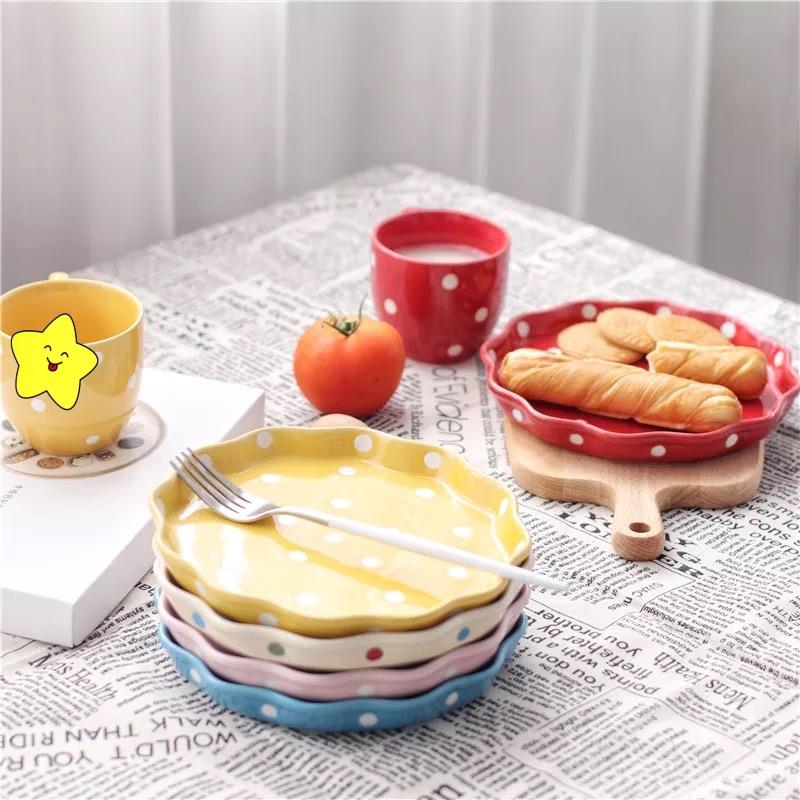 日式陶瓷创意波点早餐盘水果甜品盘义大利面盘西餐盘马克杯餐具套