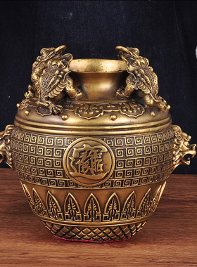 纯铜聚宝盆摆件金蟾招财家居客厅玄关办公室装饰品铜罐子盆工艺品