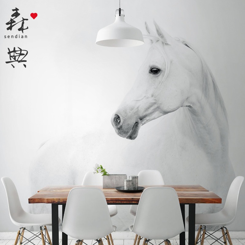 北欧风格艺术墙纸3d壁画客厅电视背景墙壁纸简约现代白马民宿墙布