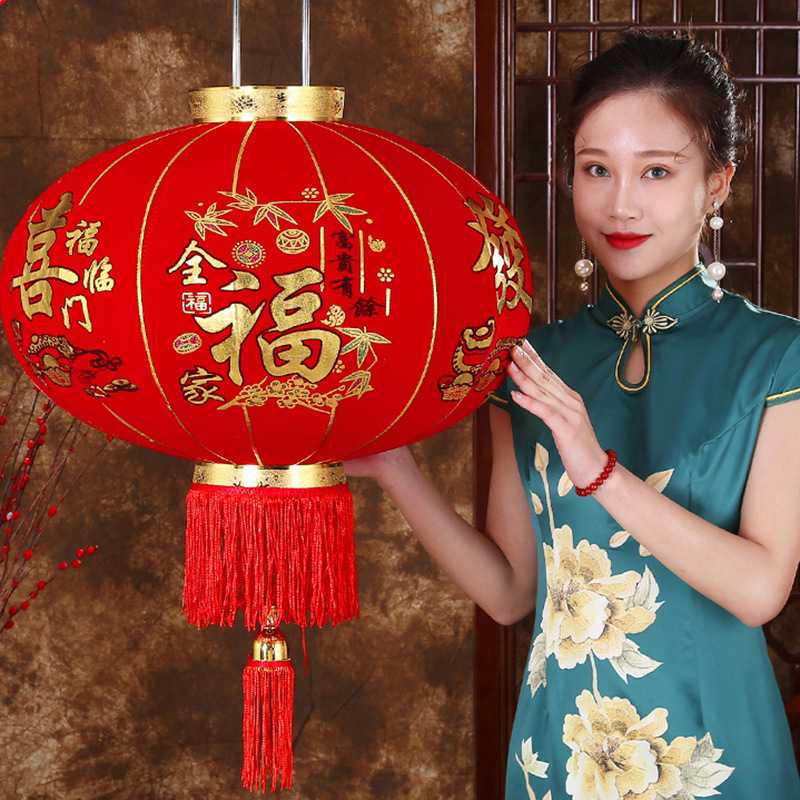 新款长杆植绒灯笼春节新年大红装饰结婚户外防水喜庆灯笼直销