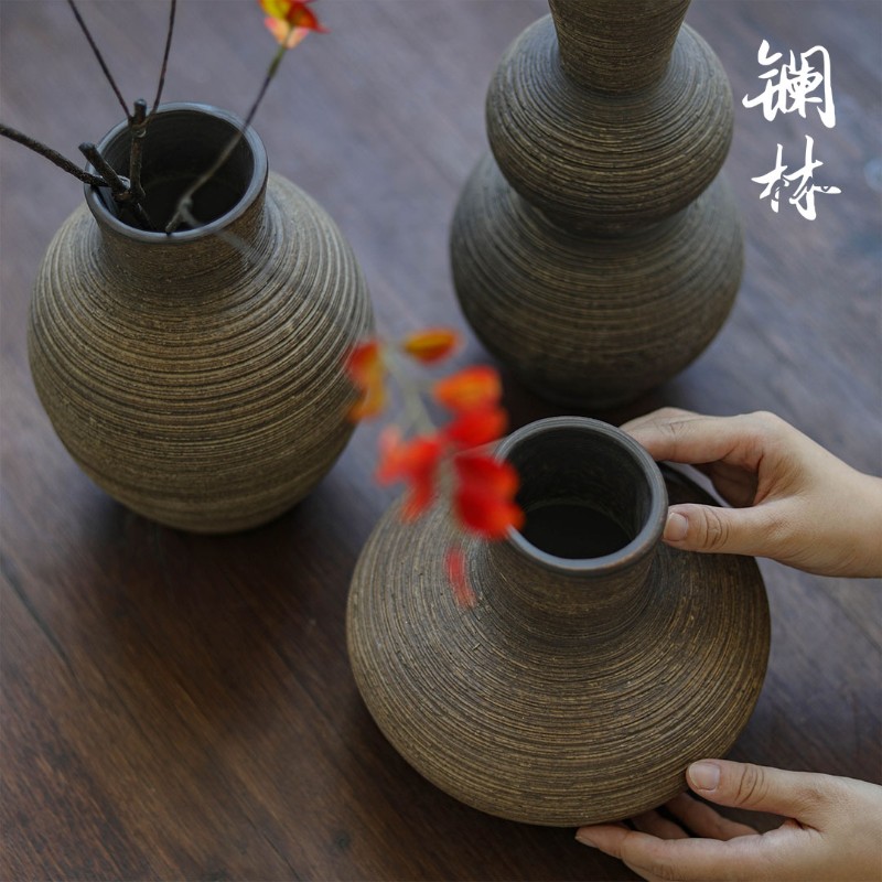 复古台面陶瓷花瓶黑色客厅摆件粗陶罐餐桌插花器酒店民宿侘寂装饰