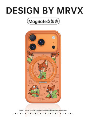 尼克朱迪适用苹果16promax手机壳iPhone17新款磁吸带支架15pro卡通可爱14小众设计感女13橙色皮质疯狂动物城