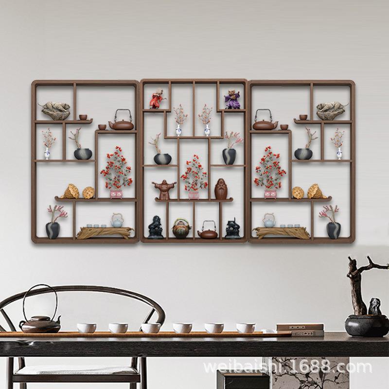 博古架客实木新中式隔断挂墙置物架摆厅件BG017L现壁挂式茶具架代