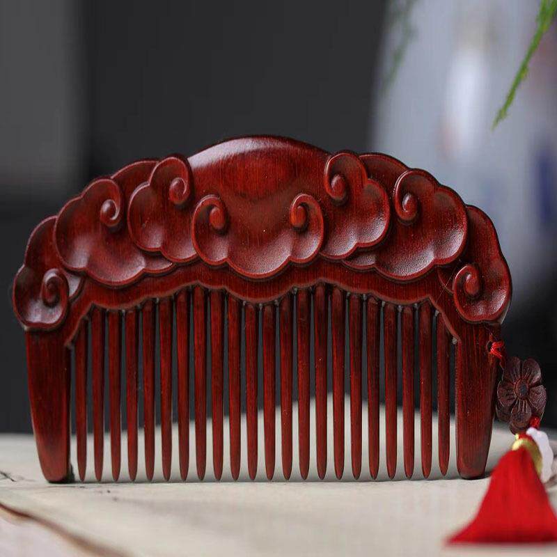 小叶紫檀雕刻静祥云木梳子化妆携梳手10230电把件防便女士送礼