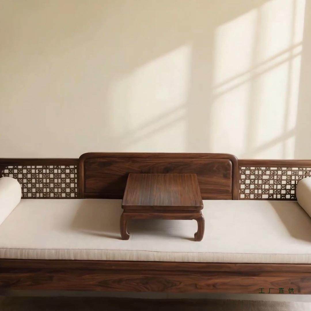 新中木式合木罗汉床34052布艺三人沙发北美黑胡桃实沙发组宋氏美
