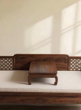 新中木式合木罗汉床34052布艺三人沙发北美黑胡桃实沙发组宋氏美学客厅