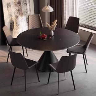 黑极简岩板餐桌椅意式轻奢可旋转伸用HRB方圆两用简缩约现代色家