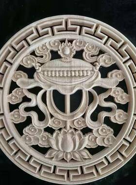 东阳木八雕实木贴花花吉圆形门心装饰59289宝祥橱柜门花镂空木圆