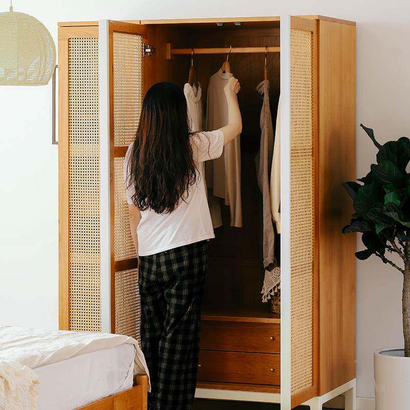 桃0|实木衣柜樱木2门三门48116四门日式J藤编约大衣橱卧室储简物