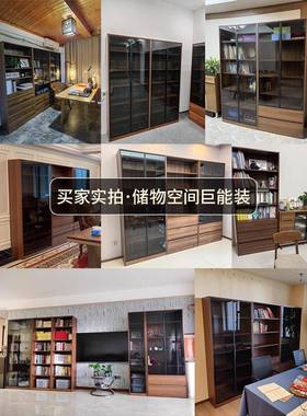 实木书储16911物玻柜一体家用客厅靠墙示柜置物架带璃门整墙展落