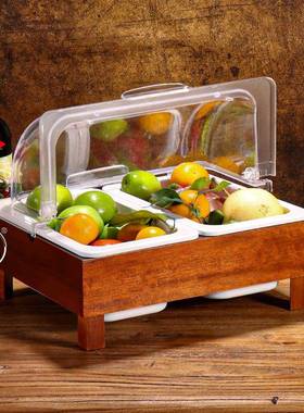 自助餐食水物展示盆带盖HND果蛋糕托盘菜食盘不锈钢双格防尘熟卤