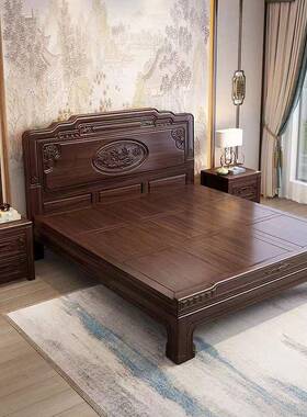 中式实木8VNN床1.人米主卧金花梨木双床1.5米榫卯结构雕实木双人