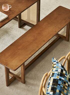 日式餐桌KJF白木藤餐桌椅组合蜡复古简凳约长椅子编胡桃色实木桌