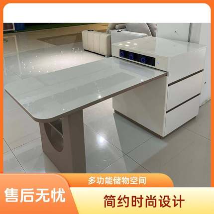 奶油风岛台餐桌茶台一体家用意式可伸缩实木岩板茶桌现代简约岛台