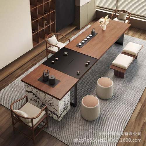 老板办公室酒店大板实木岛台茶桌烧水壶一体嵌入式新中式茶室茶台
