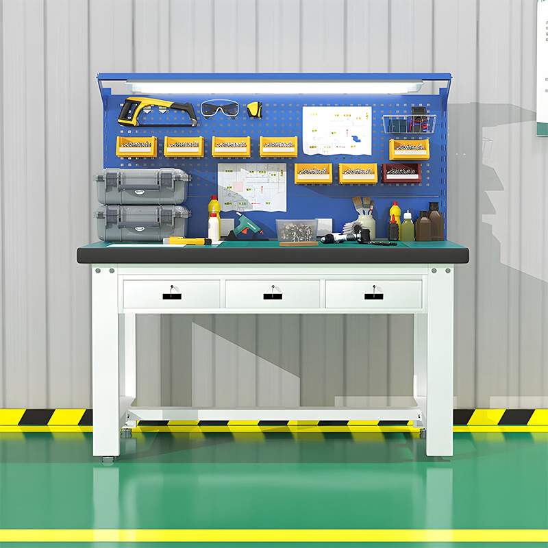 钢制工作台重型钳工台防静电工具桌实验模型车间带灯操作检验桌