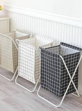 可拆卸折叠格子布艺收纳袋多功能脏衣篮铁架家居整理收纳筐0939