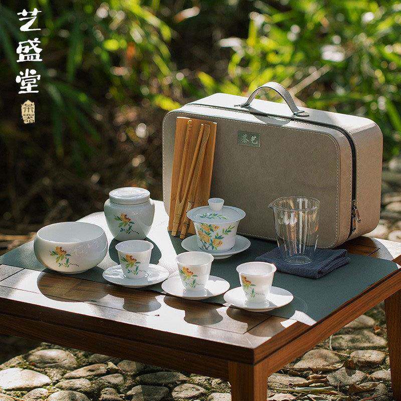 德化白瓷旅行套组甜白茶艺教学茶具便携包盖碗茶艺师培训商务旅行