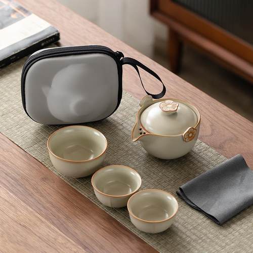 便携式米黄汝窑陶瓷梅花快客杯一壶三杯户外简易泡茶具随行装茶礼