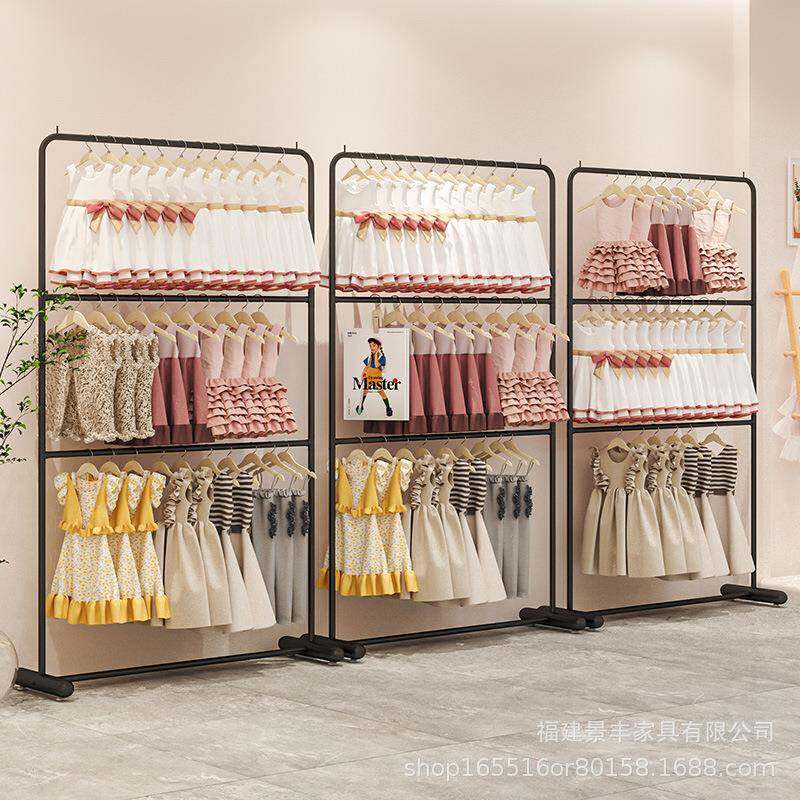 铁艺黑色童装店展示架落地式简约多层陈列直播间摆摊衣服侧挂衣架