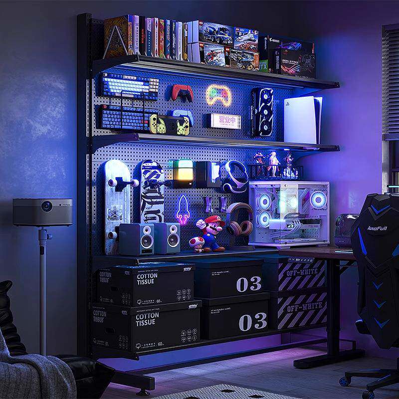 立式洞洞置物架落地电竞房间装饰金属收纳架免打孔电脑桌面改造