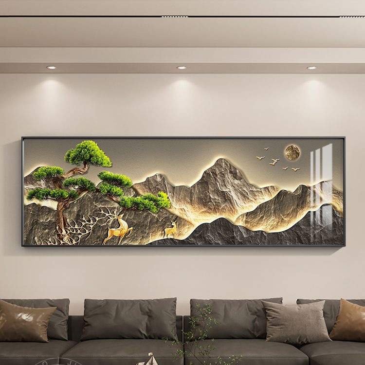 背有靠山茶室客厅led灯挂画横幅迎客松大厅墙壁画沙发背景装饰画