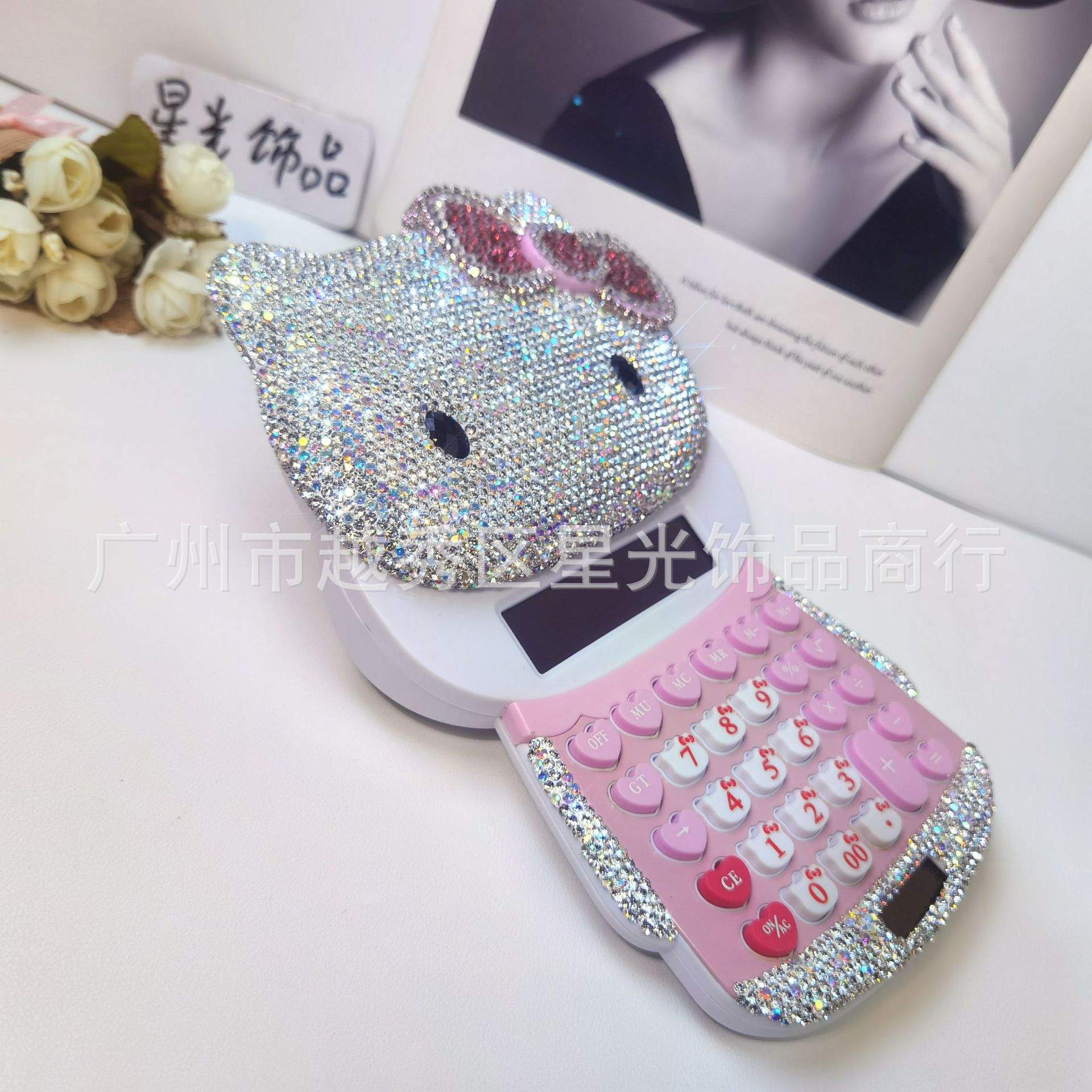 镶钻可爱卡通凯蒂kitty猫头学生计算机推盖式掌上太阳能计算器