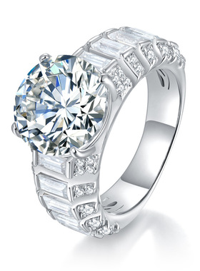 澄一S925通体银高定款5克拉圆形莫桑石梯方钻豪华戒指卡家同款