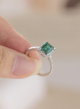 澄一珠宝S925银镶2ct培育祖母绿6*8指环女复古百搭戒指