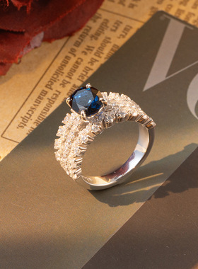 澄一珠宝S925银镀18k蕾丝叠戴椭圆2克拉培育红蓝宝复古女士戒指