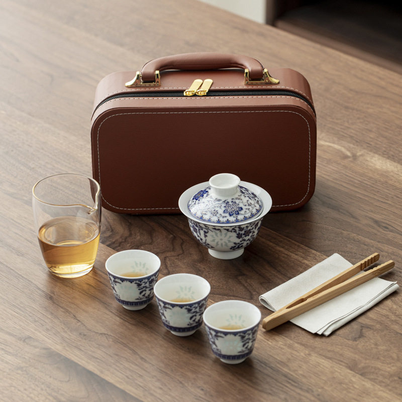 云华盖碗5头亮光白玲珑青花莲韵套装便携式户外旅行茶具商务伴手