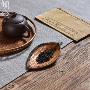 简约新奇茶则 大漆树叶形茶则 纯手工竹编锦缎茶铲仿古赏茶荷醒茶