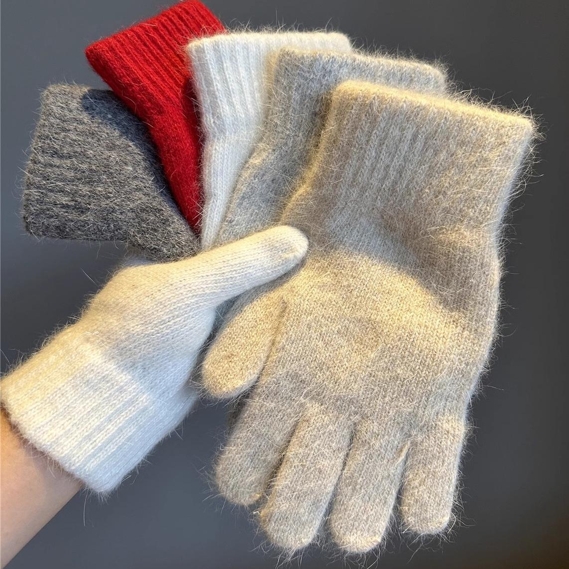 纯色兔毛针织毛线手套女秋冬季保暖加厚防寒五指学生骑行电动车