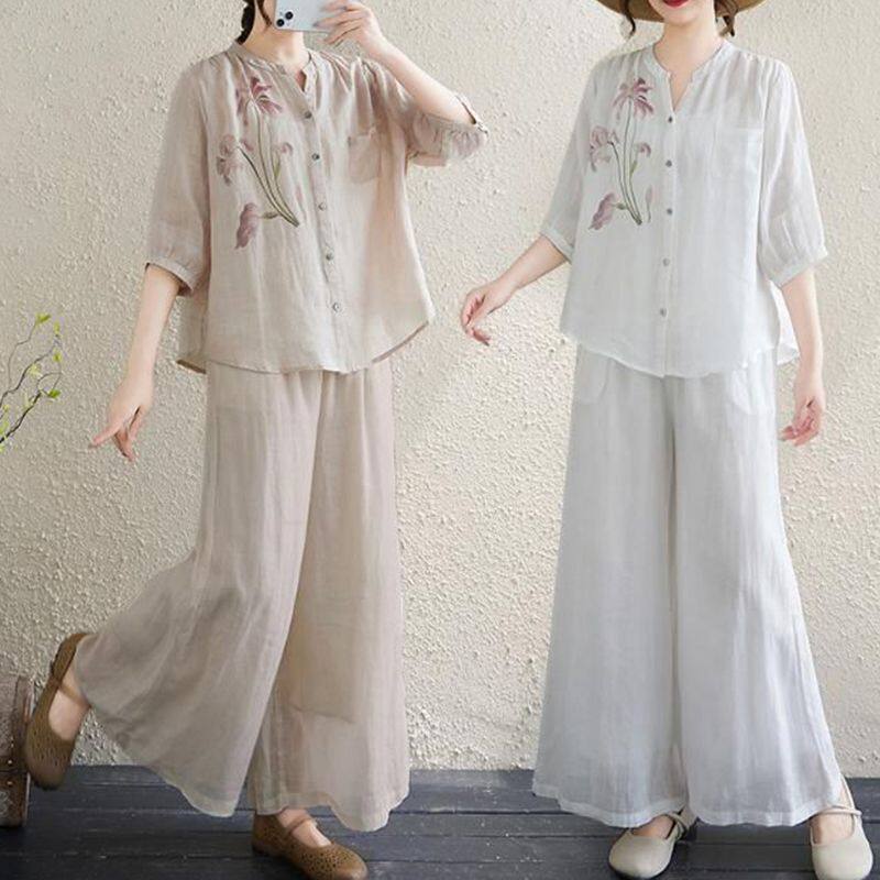 新中式中老年女装宽松休闲夏季薄款妈妈装苎麻上衣裤子两件套夏装