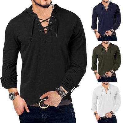 New Fashion Men's Hooded Tee Long Sleeve Cotton Henley
