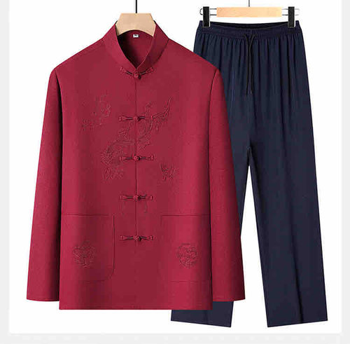 春秋季薄款唐装男长袖套装中国风爸爸汉服夏装老年人爷爷生日婚宴