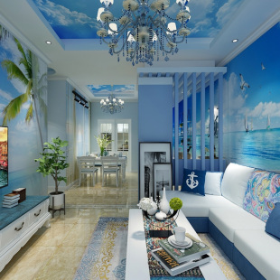 地中海风格 饰墙布 墙纸客厅卧室电视背景墙壁纸大海沙滩风景壁画装