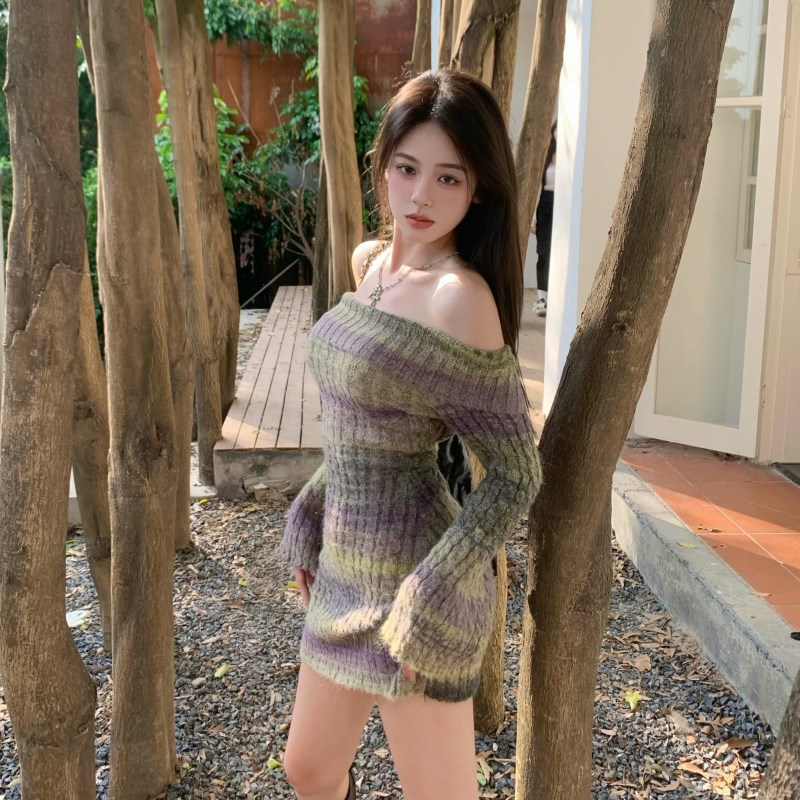 现货性感一字肩条纹针织连衣裙春内搭紧身包臀小妈长袖毛衣短裙
