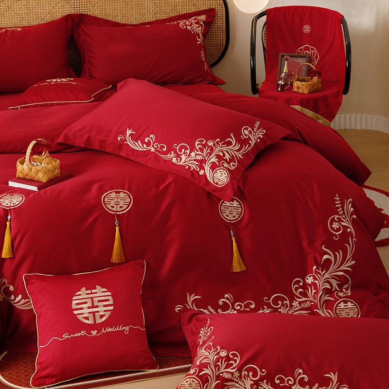 婚庆家有喜事100支长绒棉刺绣四件套纯棉红色陪嫁娶床品结婚喜被