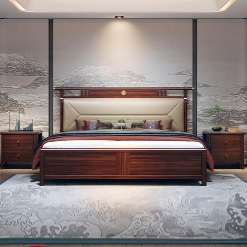 乌金木实木床1.8米双人大床现代简约储物主卧轻奢大气新中式婚床