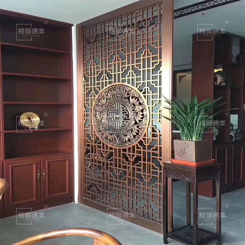 新中式铝板浮雕屏风铝艺镂空雕刻不锈钢隔断古铜色玄关异形设计